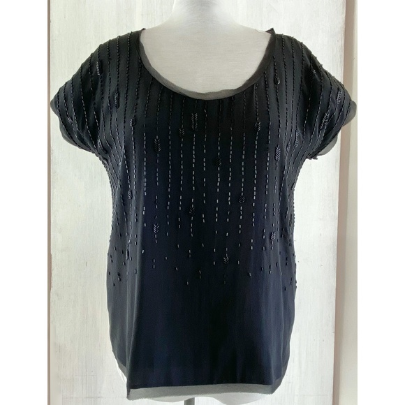 EILEEN FISHER Silk Lined Beaded Black Silk Top - Picture 2 of 6
